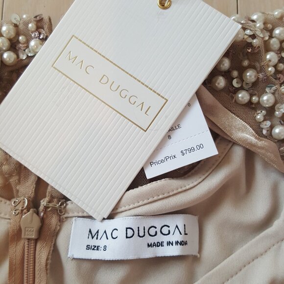 Mac Duggal ! Pearl Sequin Beaded Mesh Boat Neck Short Flutter Sleeve Shawl Gown - Picture 5 of 9